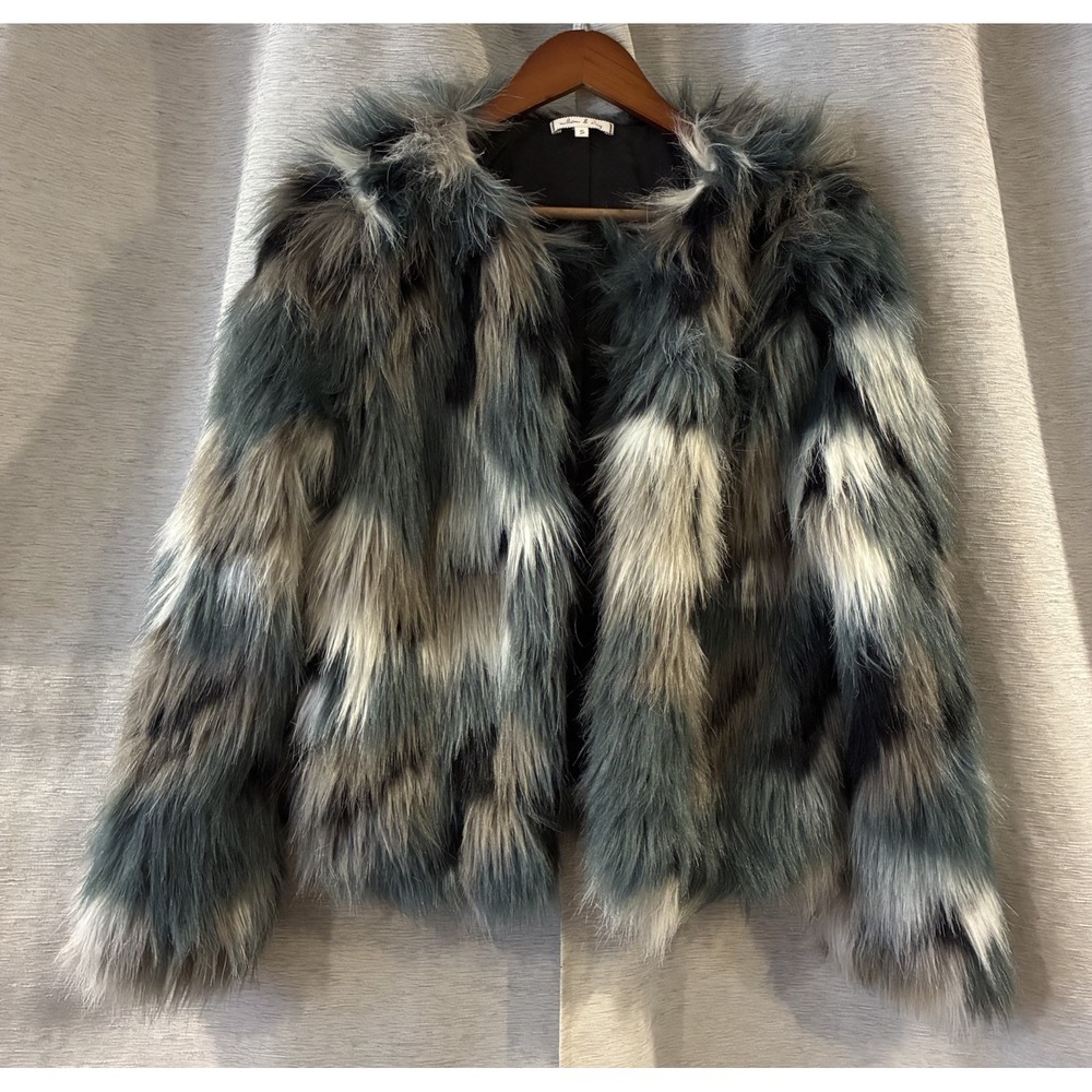 Willow & Clay Multicolor Faux Fur Jacket Retro Rave Open Cardigan Blue Grey S